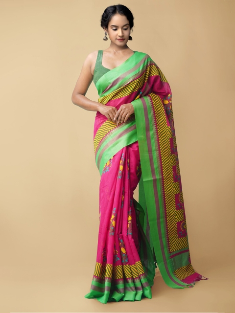

Unnati Silks Pink & Green Floral Chanderi Silk Cotton Saree