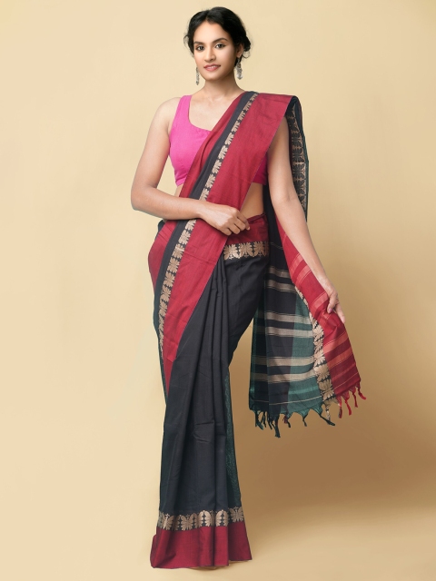

Unnati Silks Black & Maroon Zari Pure Cotton Narayan Peth Saree