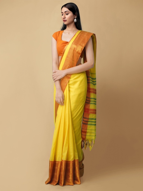 

Unnati Silks Yellow & Orange Zari Pure Cotton Narayan Peth Handloom Saree