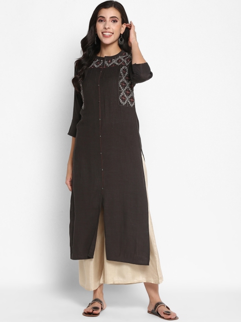 

VAABA Women Coffee Brown & tap shoe Geometric Embroidered Cold-Shoulder Sleeves Thread Work Pathani Kurta