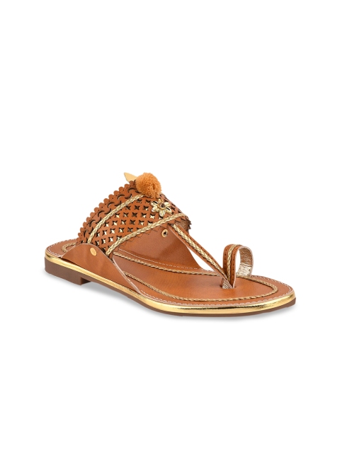 

Stelatoes Women Tan Embellished Leather Ethnic One Toe Flats with Laser Cuts