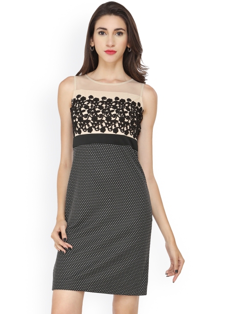 

Soie Black Printed Sheath Dress with Embroidered Detail