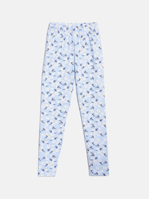 

YK Girls Blue & White Floral Printed Ankle Length Cotton Lycra Leggings
