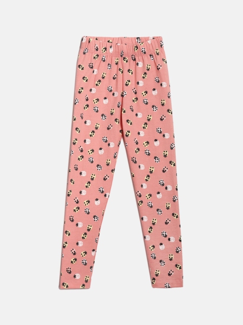 

YK Girls Peach-Coloured & White Printed Ankle-Length Cotton Lycra Leggings