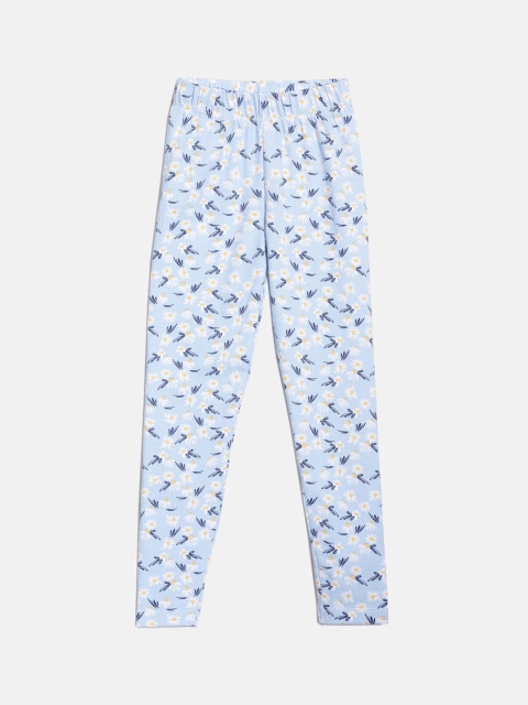 

YK Girls Blue & White Printed Cotton Lycra Leggings