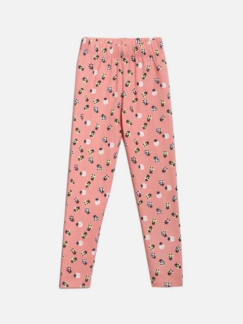 

YK Girls Peach-Coloured & White Printed Ankle Length Cotton Lycra Leggings