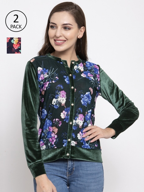 

armure Pack Of 2 Floral Print Velvet Top, Green