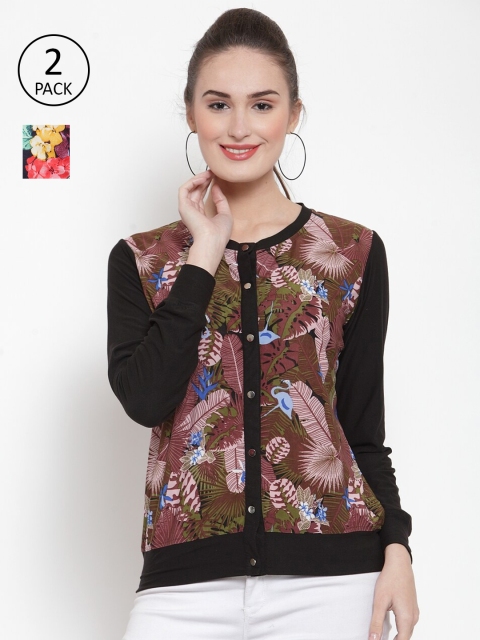 

armure Pack of 2 Black & Pink Floral Print Mandarin Collar Velvet Shirt Style Top