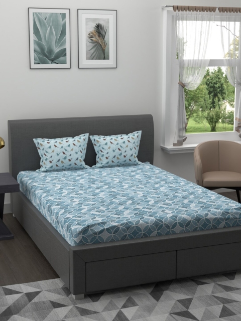

Trident Blue & White Geometric Printed Cotton 144 TC King Bedsheet with 2 Pillow Covers