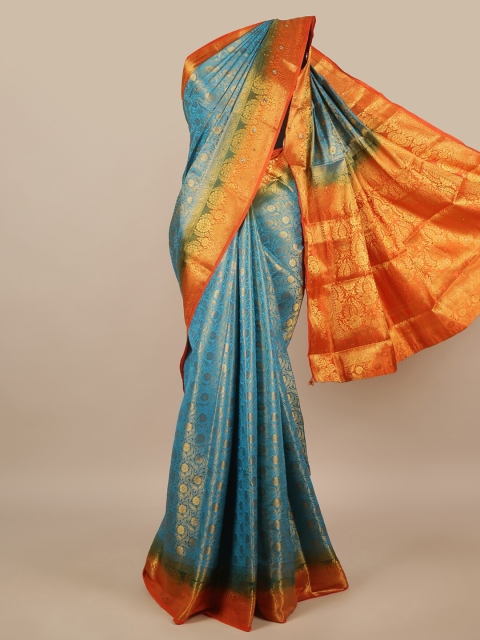 

Pothys Blue & Orange Ethnic Motifs Beads and Stones Jute Silk Saree