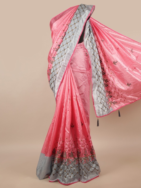 

Pothys Pink & Grey Embroidered Poly Chiffon Saree