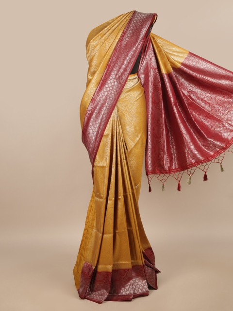 

Pothys Gold-Toned & Pink Floral Jute Silk Saree