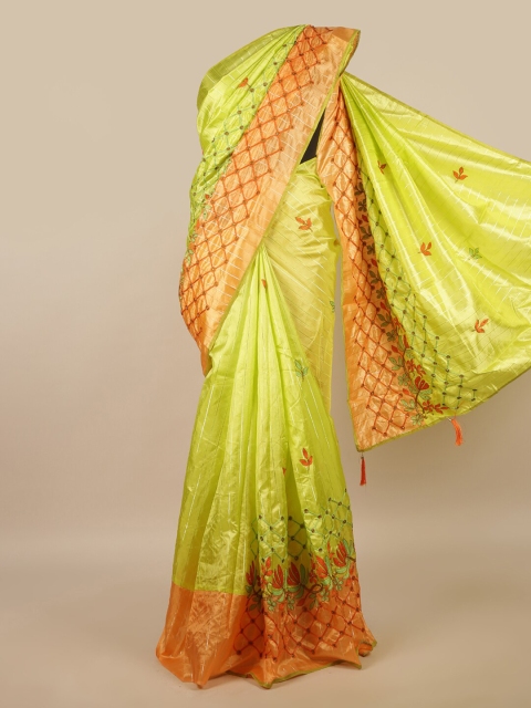 

Pothys Green & Orange Floral Poly Chiffon Saree
