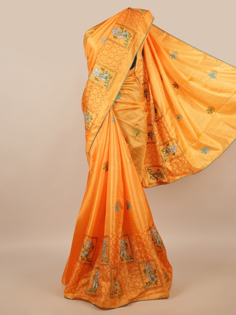 

Pothys Orange & Silver-Toned Floral Saree