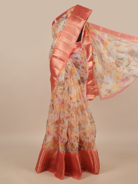 

Pothys White & Peach-Coloured Floral Printed Zari Saree
