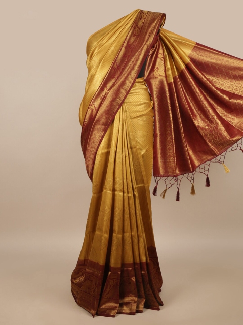 

Pothys Mustard Yellow & Brown Floral Jute Silk Saree