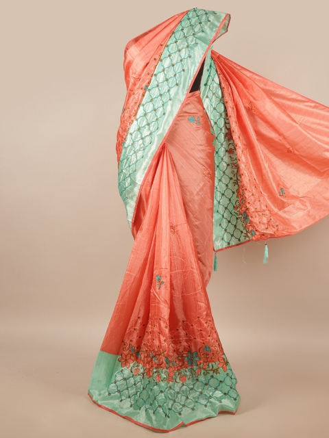 

Pothys Peach-Coloured & Green Floral Poly Chiffon Saree