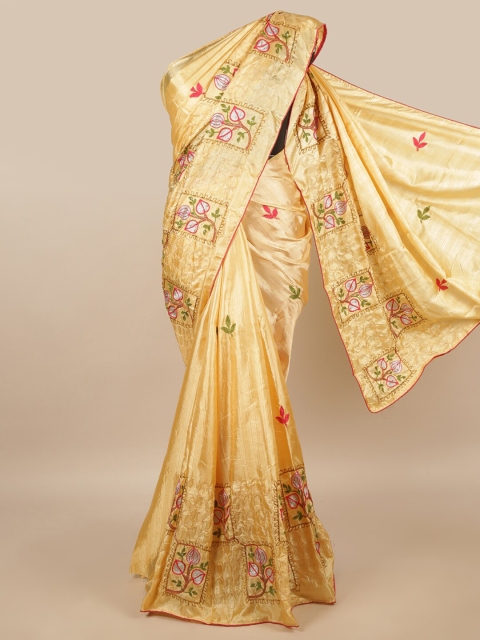 

Pothys Cream-Coloured & Silver-Toned Floral Saree