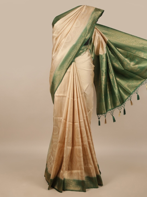 

Pothys Cream-Coloured & Green Woven Design Zari Jute Silk Saree