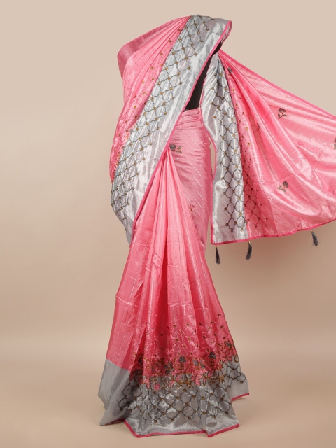 

Pothys Pink & Silver-Toned Embroidered Saree