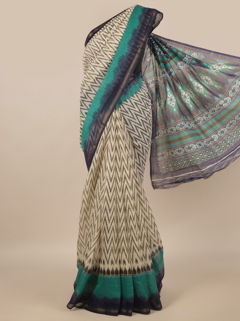 

Pothys Cream-Coloured & Green Geometric Printed Zari Saree