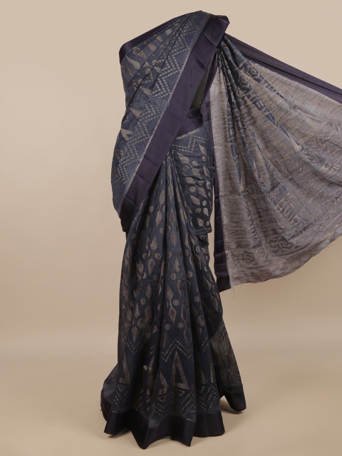 

Pothys Navy Blue & Grey Ethnic Motifs Jute Silk Saree