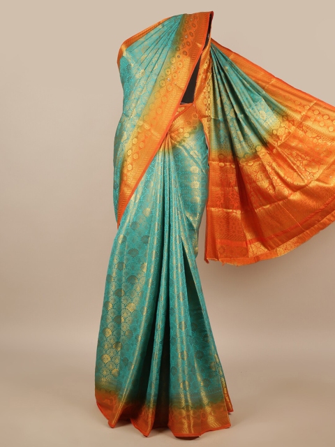 

Pothys Green & Orange Floral Zari Jute Silk Saree