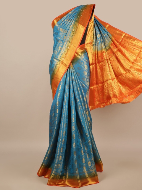 

Pothys Blue & Orange Ethnic Motifs Beads and Stones Jute Silk Saree