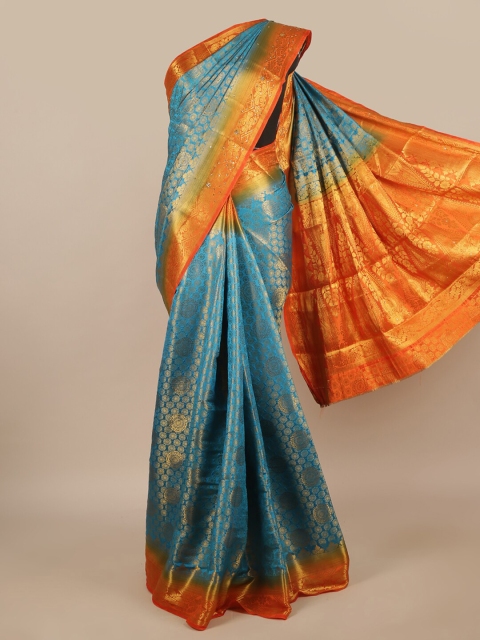 

Pothys Blue & Orange Floral Zari Jute Silk Saree