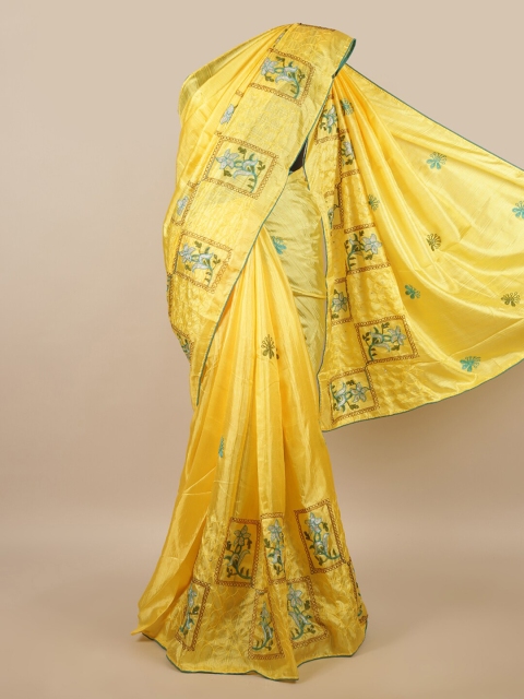 

Pothys Yellow & Turquoise Blue Embroidered Saree