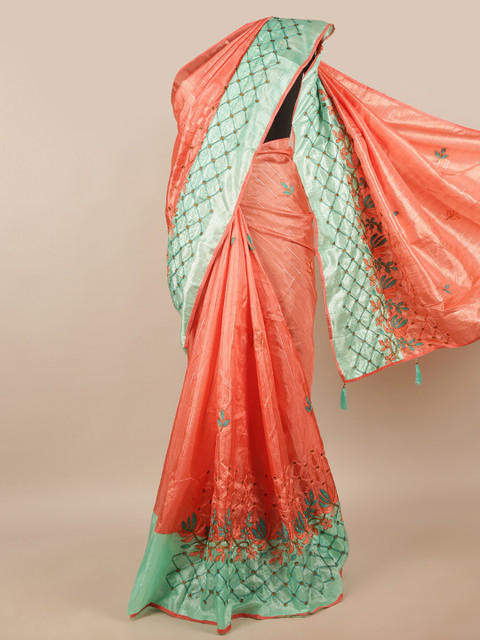 

Pothys Peach-Coloured & Green Floral Saree