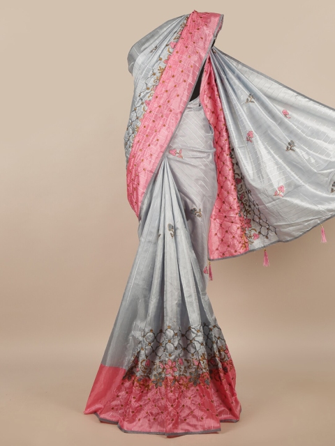 

Pothys Grey & Pink Floral Zari Saree