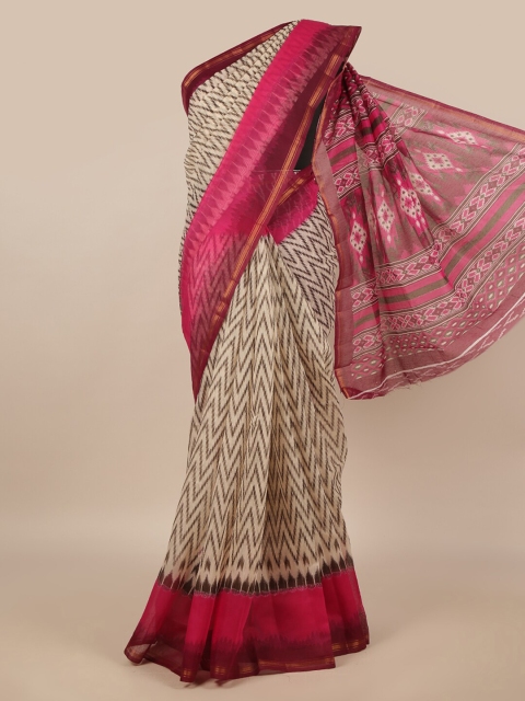 

Pothys Cream-Coloured & Pink Cotton Blend Saree