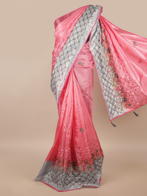 

Pothys Pink & Grey Ethnic Motifs Embroidered Saree