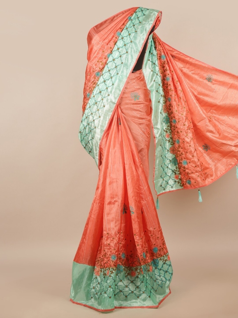 

Pothys Peach-Coloured & Green Floral Zari Saree