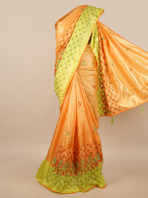 

Pothys Orange & Green Floral Poly Chiffon Saree