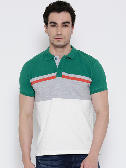 

Pepe Jeans Men White & Green Colourblocked Striped Polo Collar T-shirt