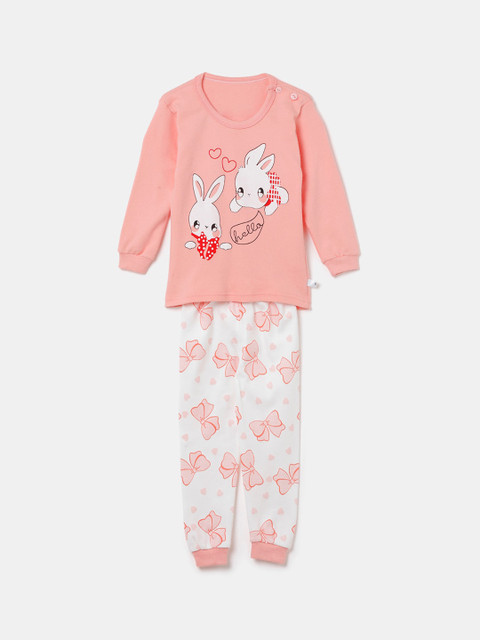 

Hopscotch Girls Pink & White Printed Night Suit