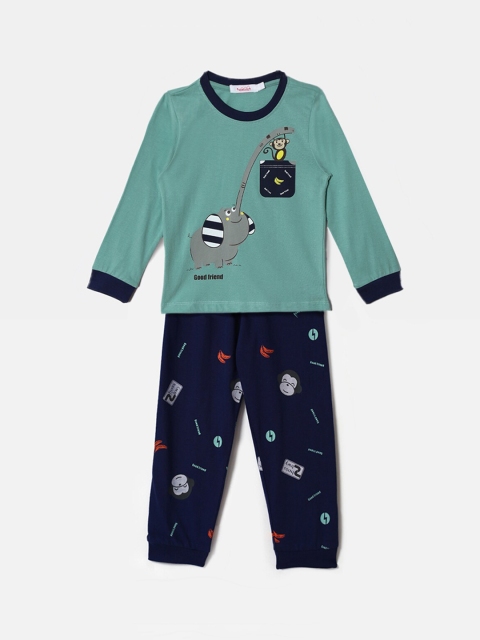 

Hopscotch Boys Green & Black Printed Pure Cotton Night suit