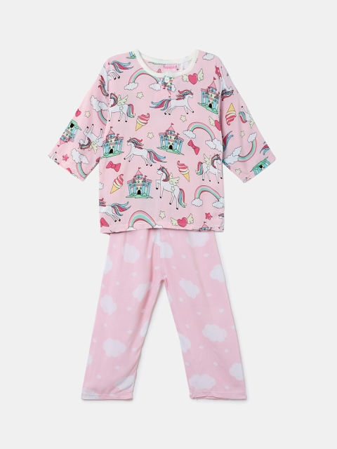 

Hopscotch Girls Pink & White Printed Night suit