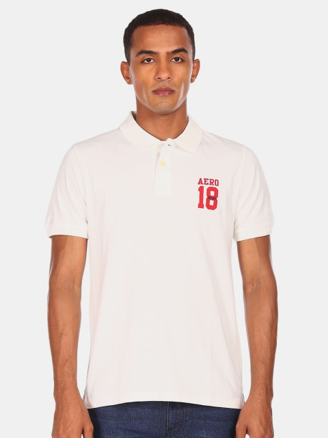 

Aeropostale Men White & petal pink Varsity Printed Polo Collar Applique T-shirt