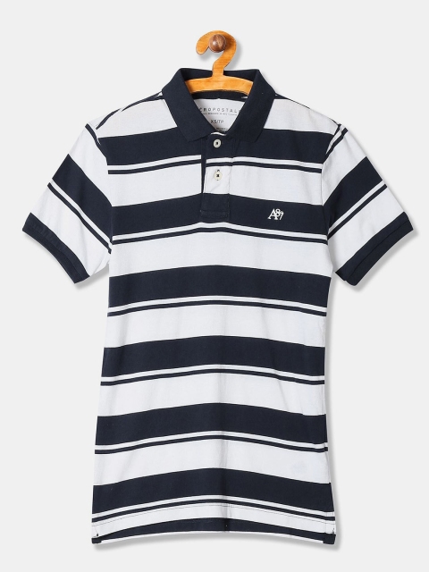 

Aeropostale Men Blue Striped Polo Collar Applique T-shirt