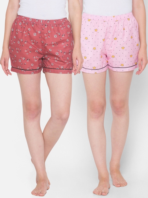

FashionRack Women Pack Of 2 Rust Brown & Pink Printed Cotton Lounge Shorts