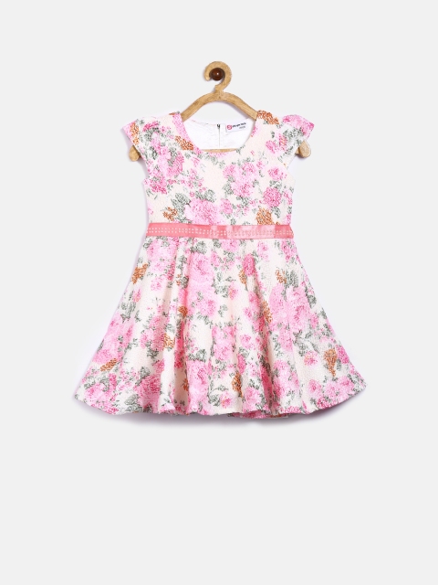 

Peppermint Girls Off-White & Pink Floral Self-design Fit & Flare Dress
