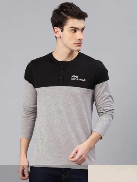 

HRX by Hrithik Roshan Men Pack of 2 Grey Melange & Black Printed Henley Neck T-shirt