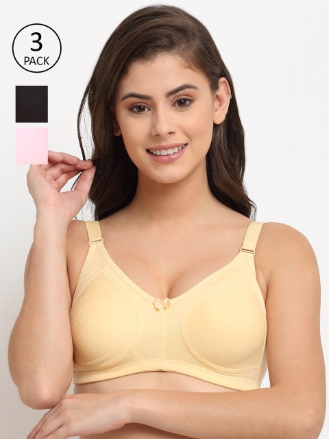 

Friskers Pack of 3 Black & Beige Solid Non Wired Medium Coverage Cotton T-shirt Bra