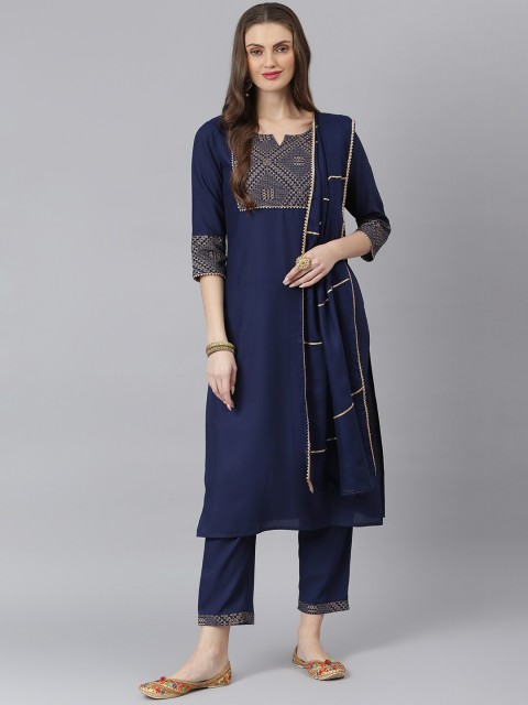 

Stylum Women Navy Blue & Gold-Coloured Yoke Design Kurta with Trousers & Dupatta