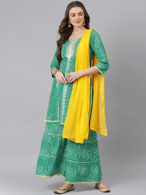 

Stylum Woman Green Bandhani Print Cotton Straight Kurta Sharara Dupatta Set