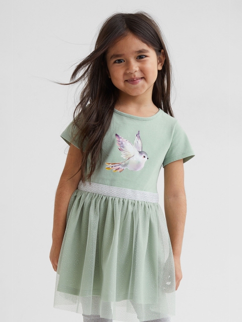 

H&M Girls Green Printed Cotton Tulle-Skirt Jersey Dress