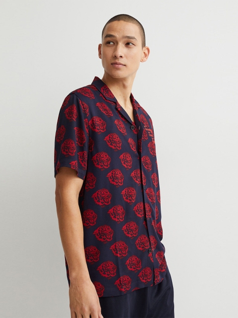 

H&M Men Navy Blue & Red Patterned Resort Shirt